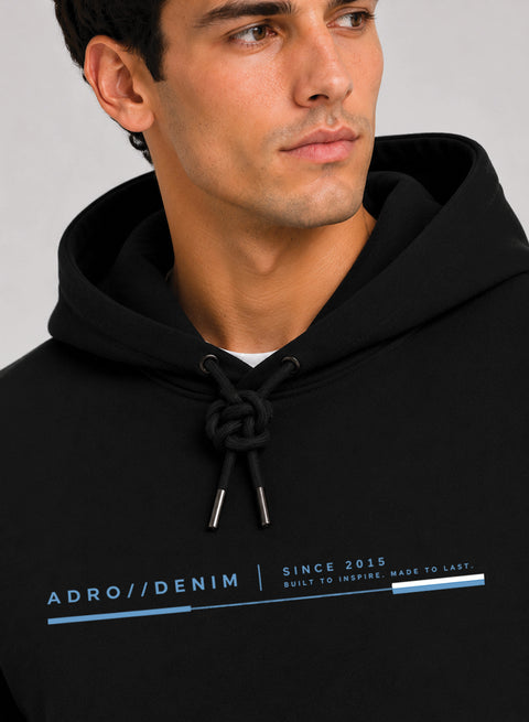 ADRO Men Black Denim Printed Regular Fit Hoodie
