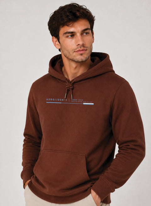 ADRO Men Beige Denim Printed Regular Fit Hoodie