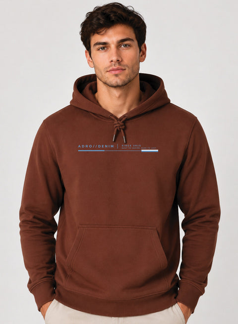 ADRO Men Beige Denim Printed Regular Fit Hoodie Brown