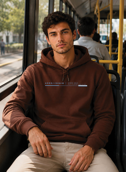 ADRO Men Beige Denim Printed Regular Fit Hoodie