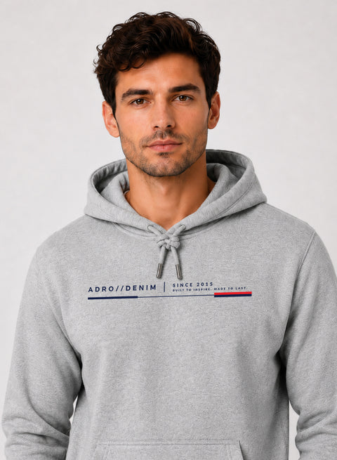 ADRO Men Beige Denim Printed Regular Fit Hoodie