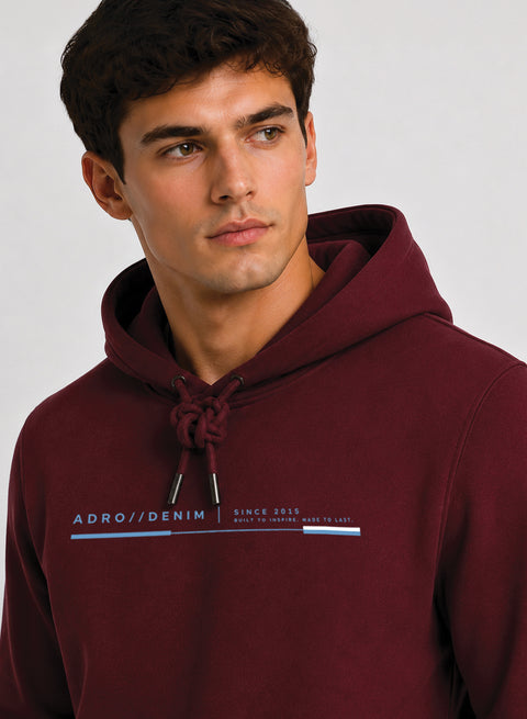ADRO Men Beige Denim Printed Regular Fit Hoodie