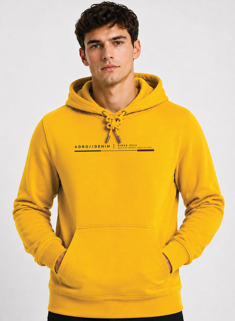 ADRO Men Black Denim Printed Regular Fit Hoodie Mustard