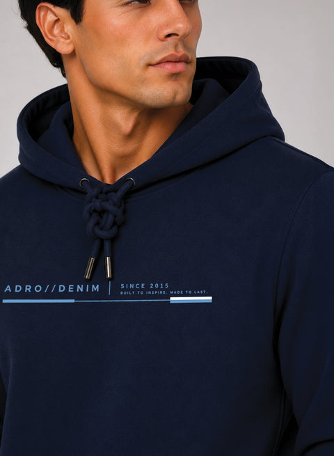 ADRO Men Beige Denim Printed Regular Fit Hoodie