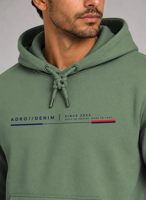 ADRO Men Beige Denim Printed Regular Fit Hoodie