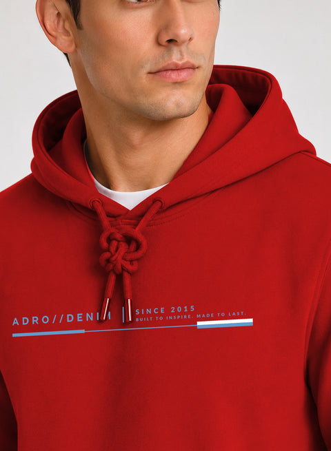 ADRO Men Beige Denim Printed Regular Fit Hoodie