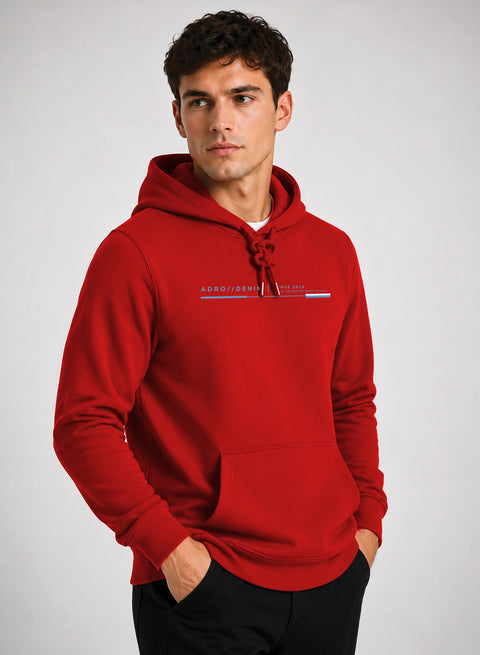 ADRO Men Beige Denim Printed Regular Fit Hoodie