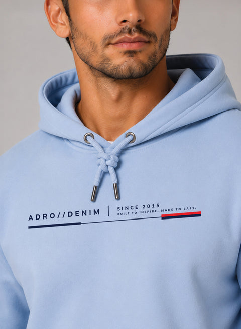 ADRO Men Beige Denim Printed Regular Fit Hoodie