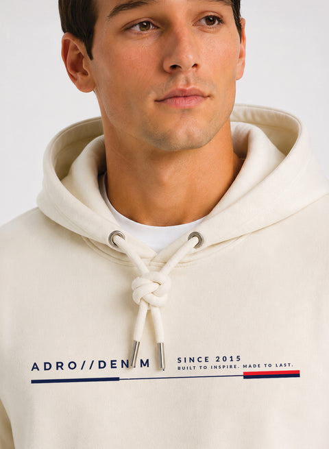 ADRO Men Beige Denim Printed Regular Fit Hoodie