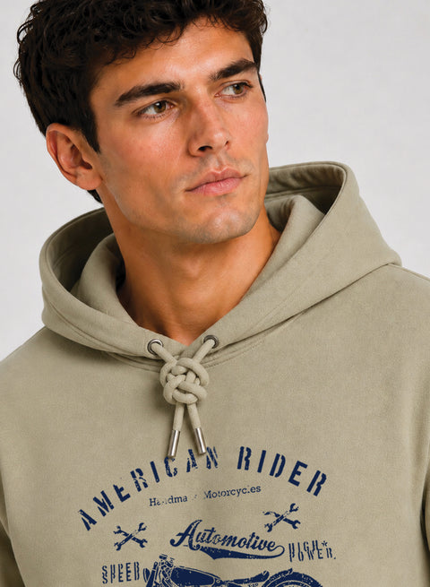 ADRO Men Beige American Rider Printed Regular Fit Hoodie