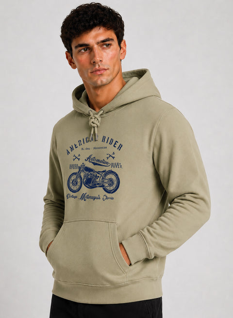ADRO Men Beige American Rider Printed Regular Fit Hoodie