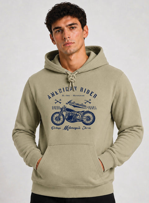 ADRO Men Beige American Rider Printed Regular Fit Hoodie Beige