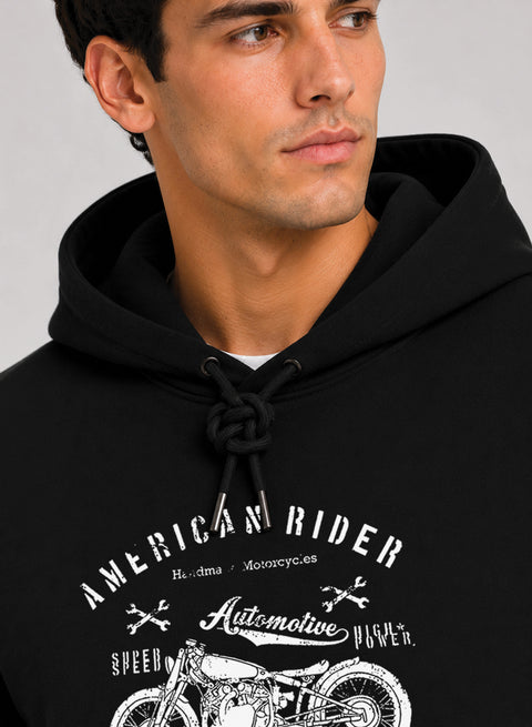 ADRO Men Black American Rider Printed Regular Fit Hoodie