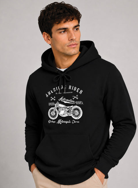 ADRO Men Black American Rider Printed Regular Fit Hoodie