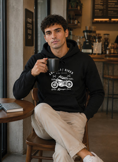 ADRO Men Black American Rider Printed Regular Fit Hoodie