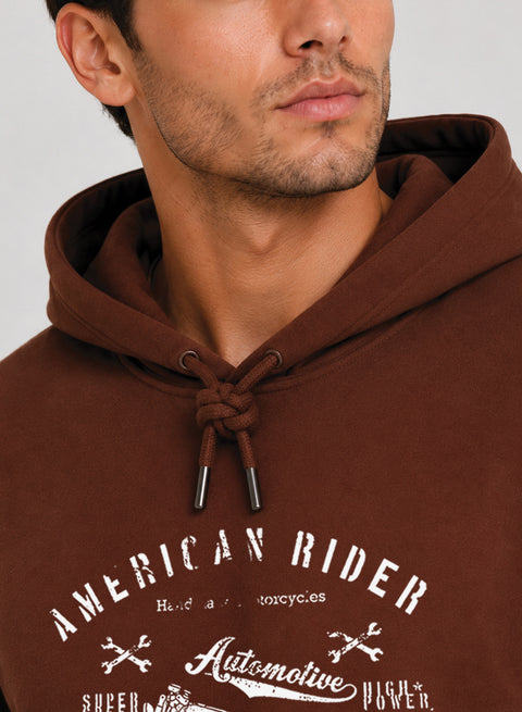 ADRO Men Beige American Rider Printed Regular Fit Hoodie
