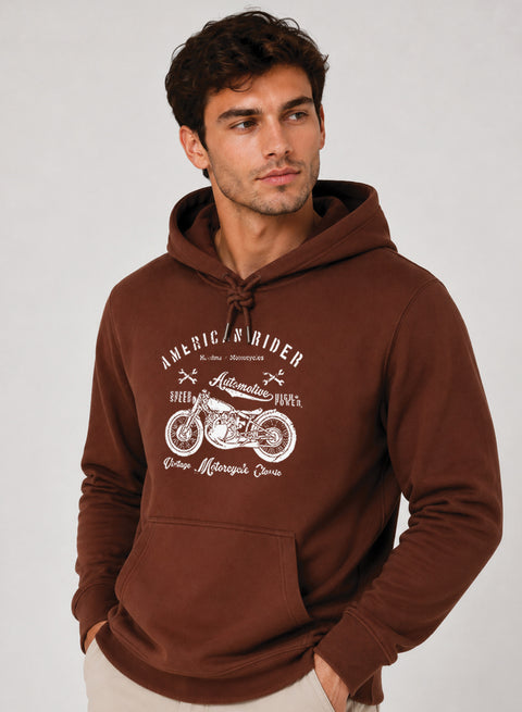 ADRO Men Beige American Rider Printed Regular Fit Hoodie