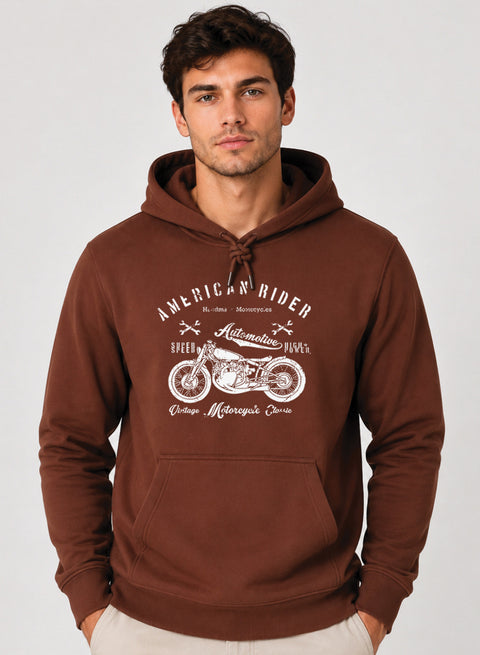 ADRO Men Beige American Rider Printed Regular Fit Hoodie Brown