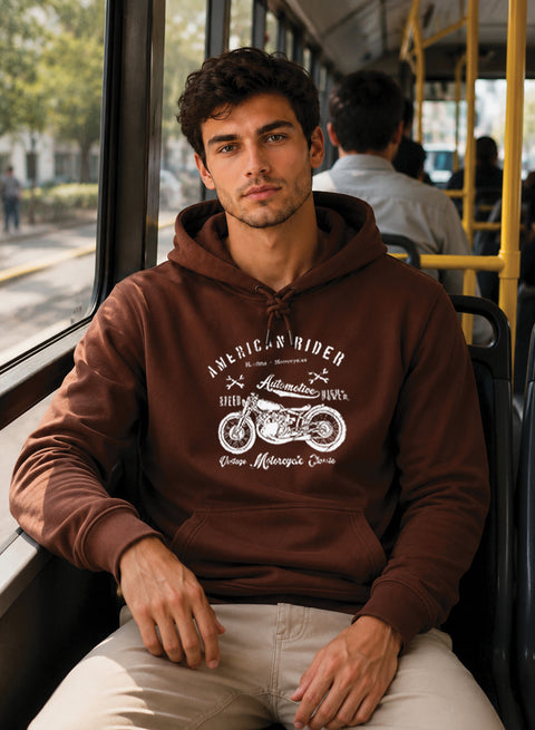 ADRO Men Beige American Rider Printed Regular Fit Hoodie