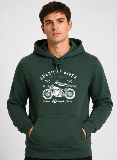 ADRO Men Black American Rider Printed Regular Fit Hoodie Green