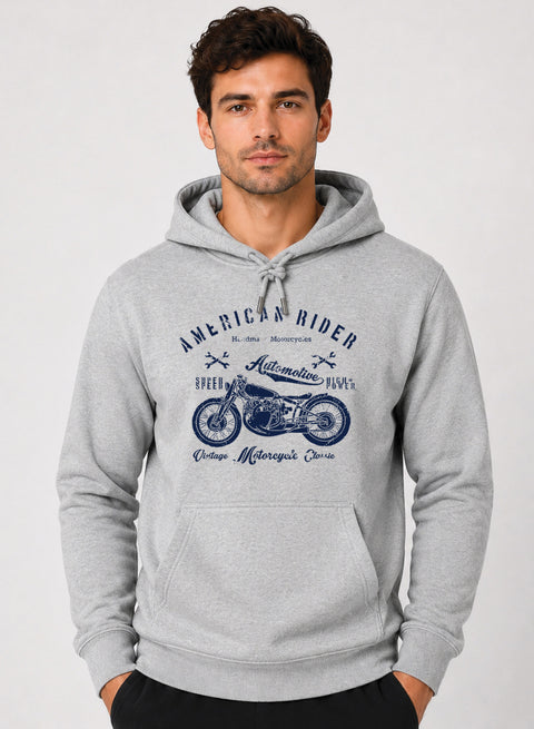 ADRO Men Beige American Rider Printed Regular Fit Hoodie Grey