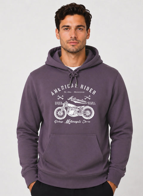 ADRO Men Black American Rider Printed Regular Fit Hoodie Lilac