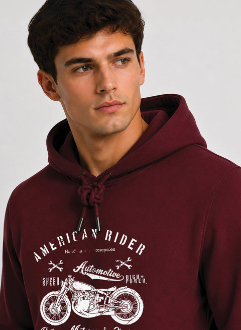ADRO Men Beige American Rider Printed Regular Fit Hoodie
