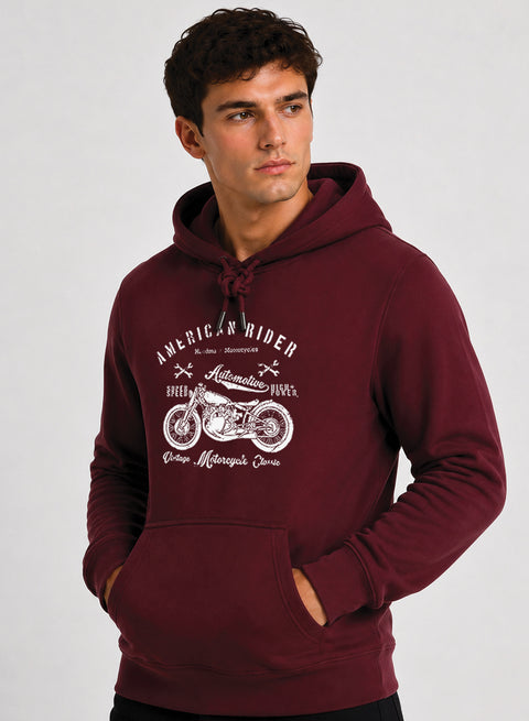 ADRO Men Beige American Rider Printed Regular Fit Hoodie