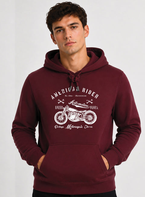 ADRO Men Beige American Rider Printed Regular Fit Hoodie Maroon