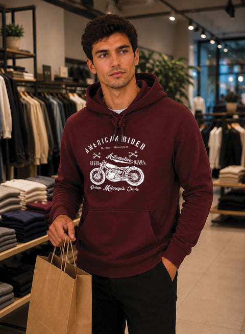ADRO Men Beige American Rider Printed Regular Fit Hoodie