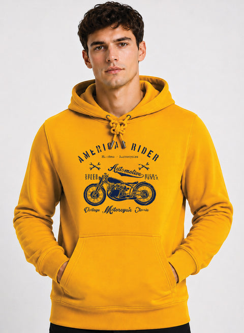 ADRO Men Black American Rider Printed Regular Fit Hoodie Mustard
