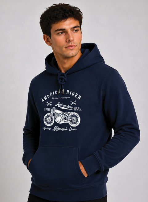 ADRO Men Beige American Rider Printed Regular Fit Hoodie