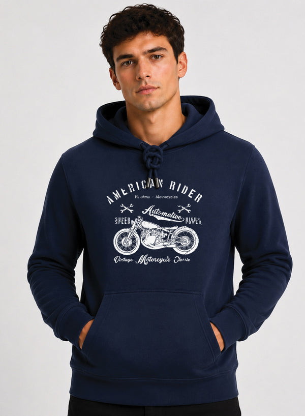 ADRO Men Beige American Rider Printed Regular Fit Hoodie