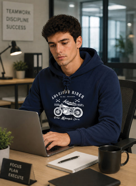 ADRO Men Beige American Rider Printed Regular Fit Hoodie