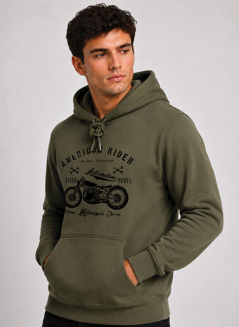 ADRO Men Black American Rider Printed Regular Fit Hoodie