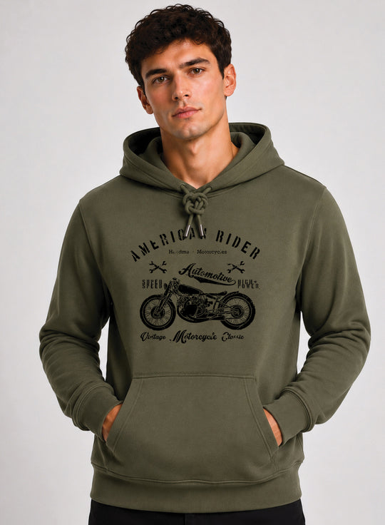 ADRO Men Black American Rider Printed Regular Fit Hoodie