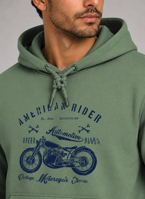 ADRO Men Beige American Rider Printed Regular Fit Hoodie