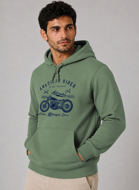 ADRO Men Beige American Rider Printed Regular Fit Hoodie