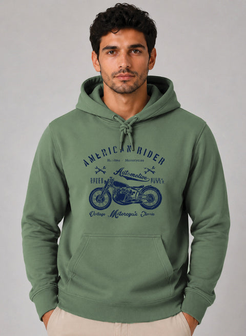 ADRO Men Beige American Rider Printed Regular Fit Hoodie Pista
