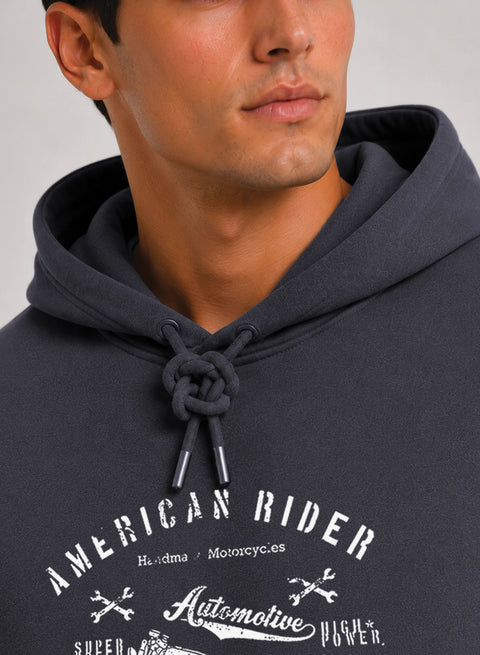 ADRO Men Black American Rider Printed Regular Fit Hoodie