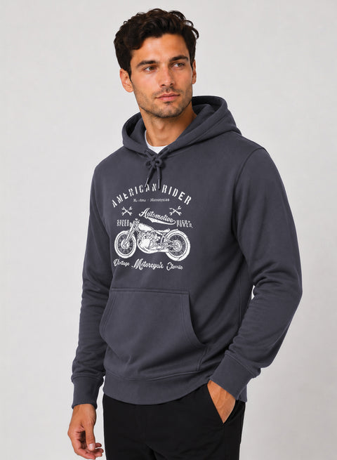ADRO Men Black American Rider Printed Regular Fit Hoodie
