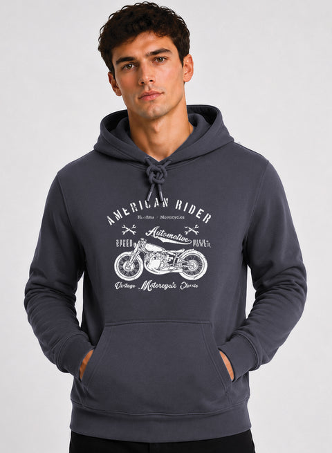 ADRO Men Black American Rider Printed Regular Fit Hoodie Steel Grey