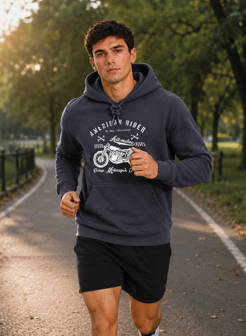 ADRO Men Black American Rider Printed Regular Fit Hoodie