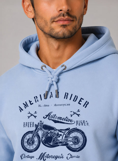 ADRO Men Beige American Rider Printed Regular Fit Hoodie