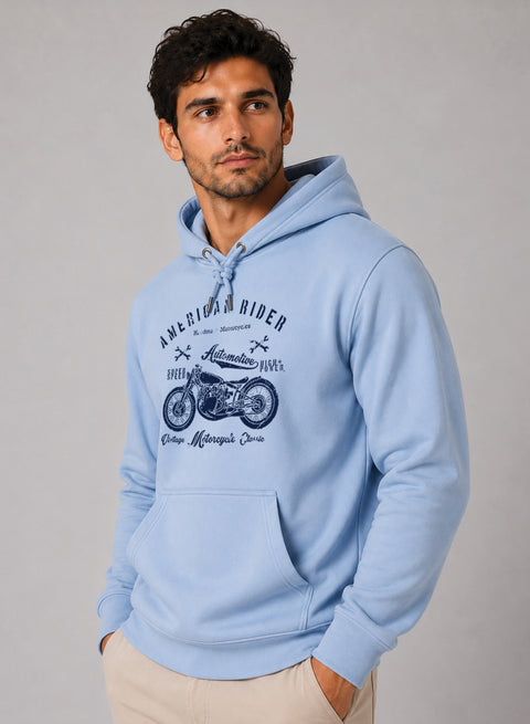 ADRO Men Beige American Rider Printed Regular Fit Hoodie
