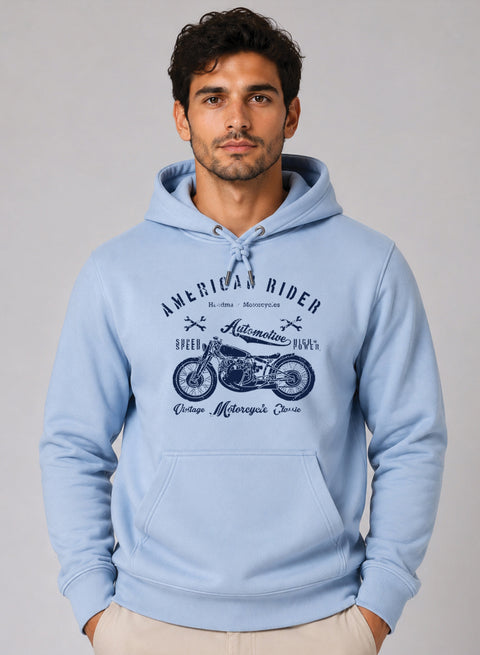 ADRO Men Beige American Rider Printed Regular Fit Hoodie Sky Blue