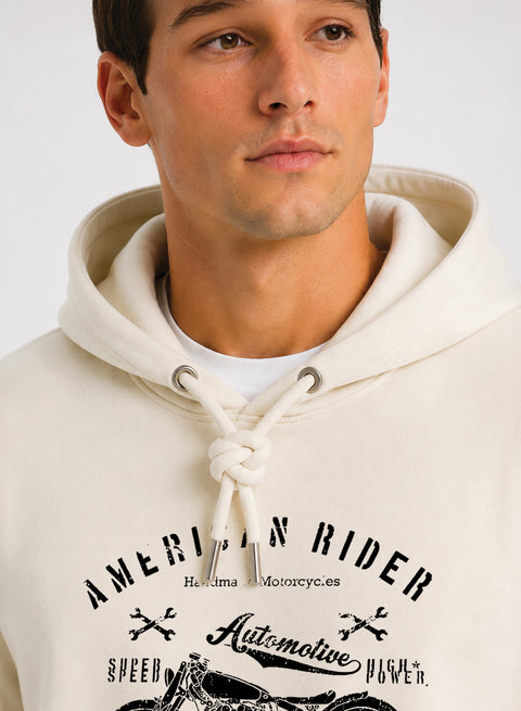 ADRO Men Beige American Rider Printed Regular Fit Hoodie