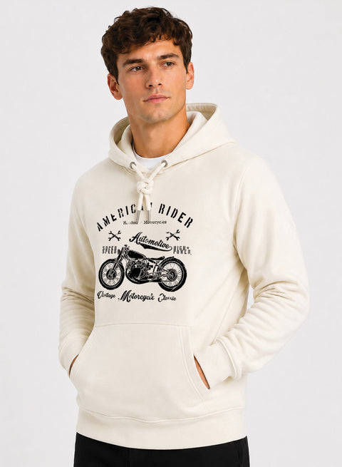 ADRO Men Beige American Rider Printed Regular Fit Hoodie