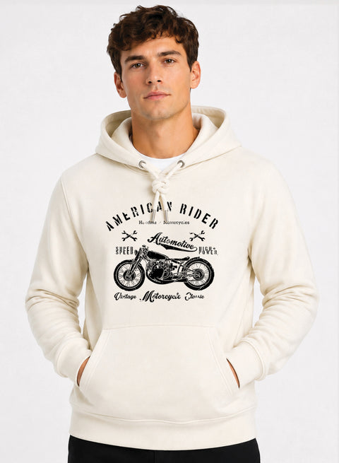 ADRO Men Beige American Rider Printed Regular Fit Hoodie White Sand