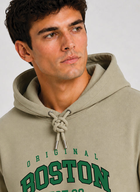 ADRO Men Beige Boston Printed Regular Fit Hoodie